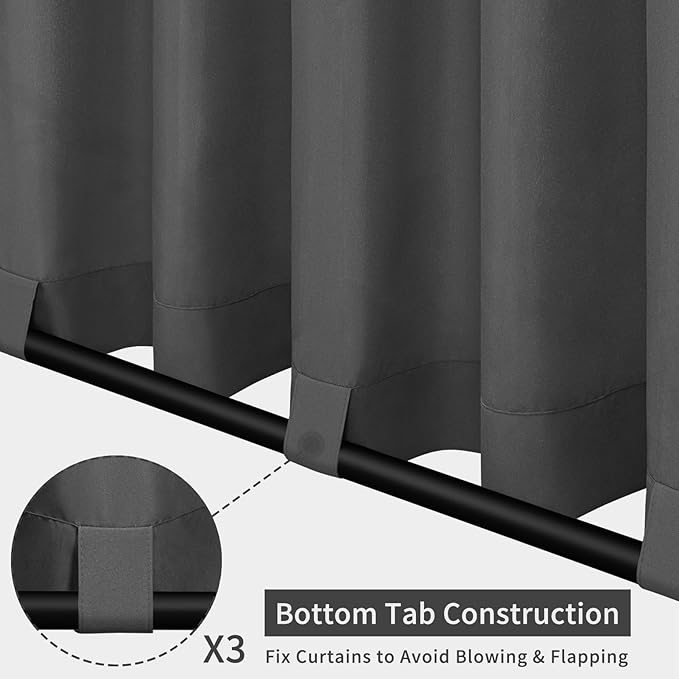 Easy-Going Outdoor Patio Curtains Detachable Tab Top Windproof Weatherproof Curtain for Cabana, Porch, Pergola and Gazebo, Tab Bottom Drape, 2 Panels, 54W x 84L inch, Gray