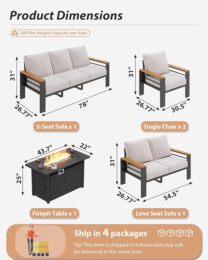 Aoxun Aluminum Outdoor Patio Furniture Set, 8-piece Outdoor Sectional with 44'' Propane Gas Firepit Table, Patio Conversation Sets with Upgraded Armrests and Cushions for Backyard, Garden and Poolside
