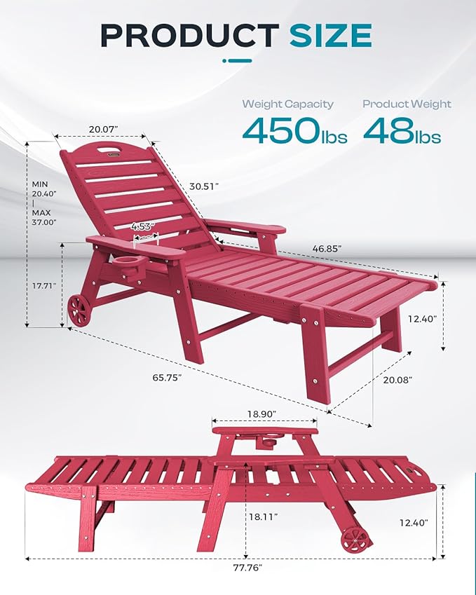 Outdoor Chaise Lounge Chair Set of 2, Patio Lounge Chairs for Outside, HDPE Lounge Chair with Wheels & Cup Holder, Poly Chair with 5 Position for Poolside, Deck, Red