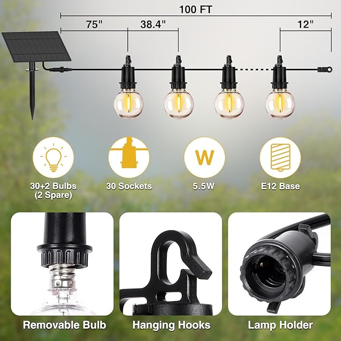 ZJOJO 100FT Solar Lights Outdoor Wateroproof, Solar String Lights with with Remote USB Port 32 LED Shatterproof,Dimmable Outdoor Lights Long Last for Garden,Patio, Backyard, Camping Christmas Light