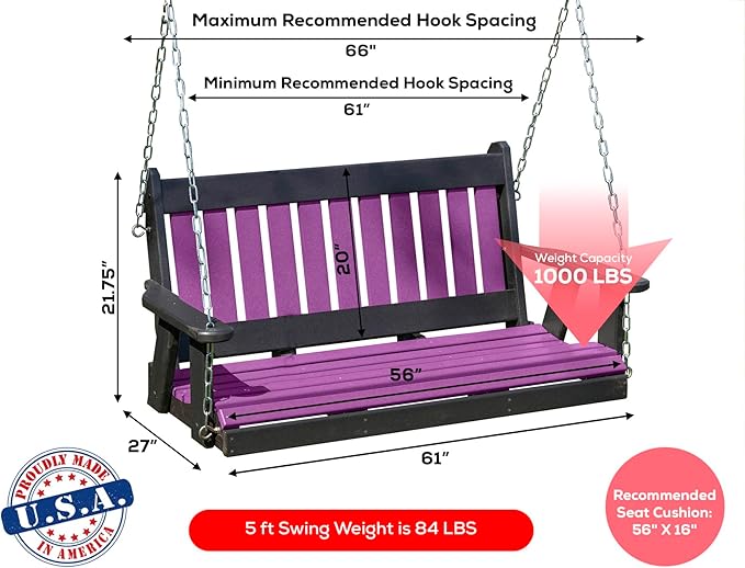 Mission Poly Lumber Wood 5FT Porch Swing Amish Craftsmandship Made in USA HDPE with No Wood fibers 1000 lbs Limit. Stainless Steel Hardware.Signature Design for Patio Outdoor Backyard Garden Park