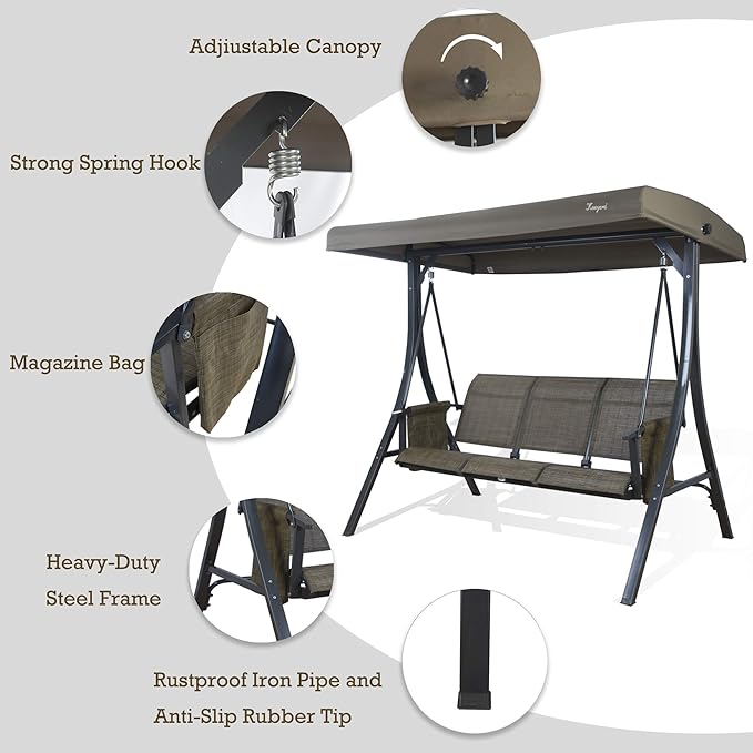 Kozyard Brenda 3-Seat Outdoor Porch Swing Glider, Patio Swing with Adjustable Canopy, Steel Frame, Breathable Textilene Seat & Back, Side Pockets (Taupe-Brown)