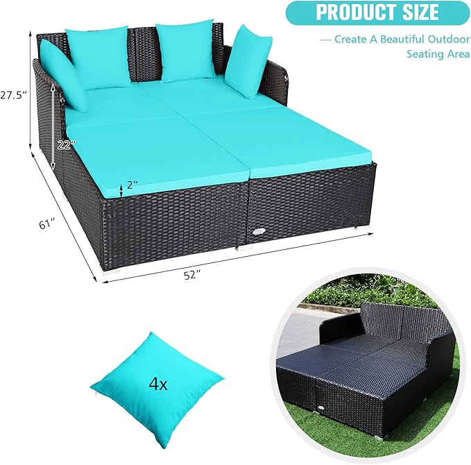 RELAX4LIFE Rattan Patio Outdoor Daybed, Wicker 2-Person Sunbed Loveseat with Soft Cushions, 4 Pillows, Curved Backrest & Armrest, Double Bed Lounger Sofa Set for Balcony Porch, Patio Bed (Turquoise)