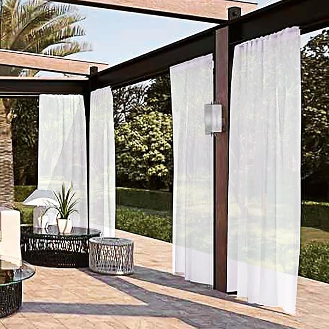 SpaceDresser Waterproof Outdoor Sheer Curtains for Patio - 2 Panels Rod Pocket Indoor Voile Sheer Curtain for Living Room,52W x 96L inch, White