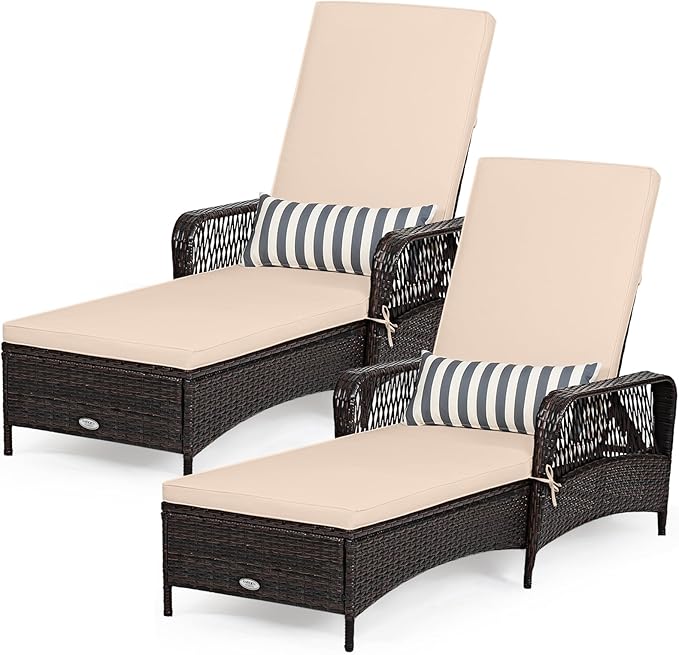 Tangkula Wicker Chaise Lounge Outdoor Set of 2, Patio Rattan Reclining Chaise with 6-Gear Adjustable Backrest, Thick Padded Cushion & Removable Lumbar Pillow, Pool Lounge Chairs for Outside Balcony