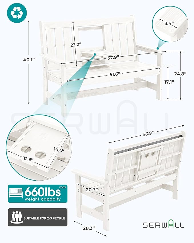 SERWALL Outdoor Bench with Cup Holder, 58" HDPE Garden Park Bench Suitable for 3 Person, All Weather Patio Benches with High Backrest and Wide Armrests for Garden, Park, Yard, Front Porch, White