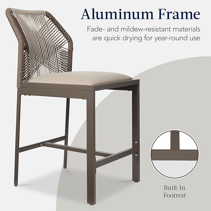Best Choice Products Indoor Outdoor Counter Height Bar Stools Set of 2, Armless Kitchen Counter Stools w/Back and Footrest, Built-in Cushion, Aluminum Frame - Taupe/Sandstorm
