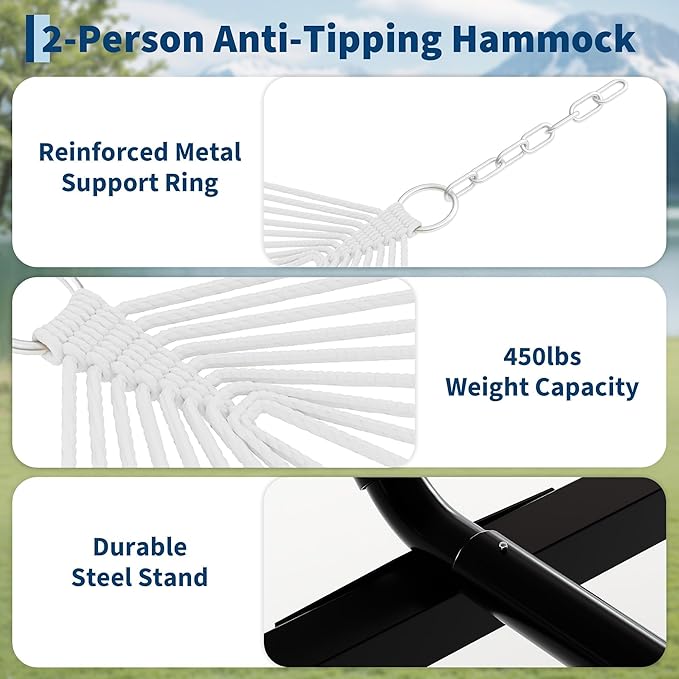Portable 2 Person Double Hammock with Sturdy Heavy-Duty Steel Stand – 450LBS Max Load, Quick & Effortless Assembly, Perfect for Indoor Living, Yard, Patio & Camping Trips