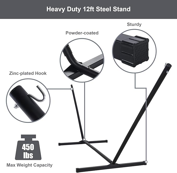 55in Hammock with Stand, Heavy Duty Hammock with Stand Included, Two Person Hammock with Curved Spreader Bar, Pillow and Portable Bag, 450 Lbs Capacity, Dark Gray