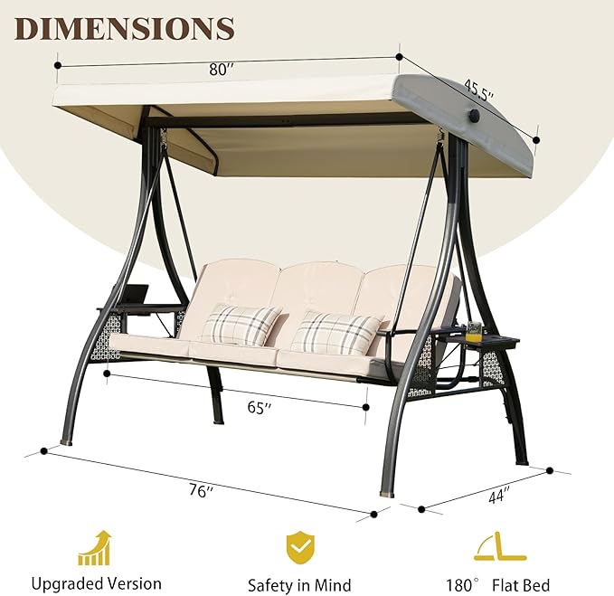 3-in-1 Convertible Outdoor Swing for Adults, Outdoor Porch Swing with Stand 800lb Bearing Capacity, 3-Seat Outdoor Swing with Canopy Adjustable, Thickened Cushions (Square, Khaki)