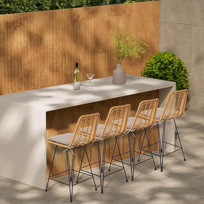 IDZO Set of 2 Rattan Counter Stools, 24" Height, 400lbs Capacity, Cushioned Seats, Steel Frame, for Indoor and Outdoor Use, Suitable for Patio, Bar, or Kitchen Island