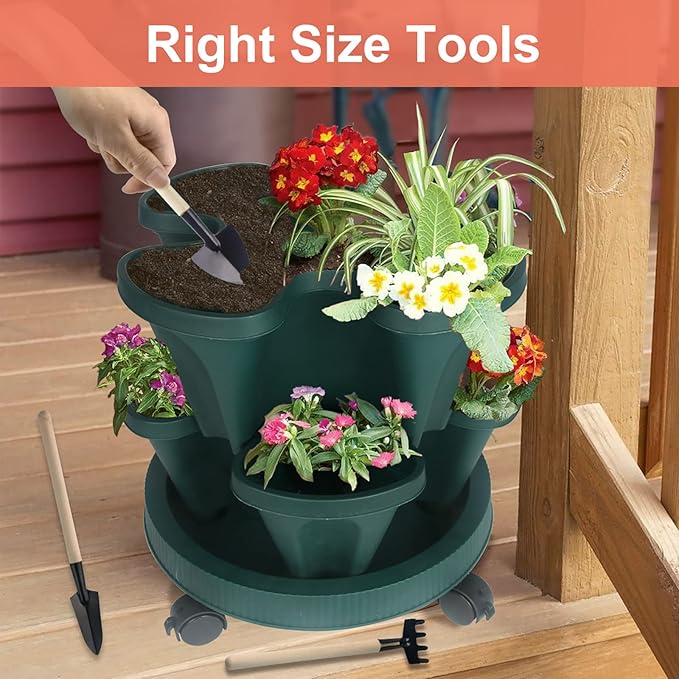 DUNCHATY Stackable Planter, Vertical Garden Planter with Wheels and Tools, Self Watering Strawberry Planter Indoor/Outdoor 3 Tier Herb Planter Pots for Growing Vegetables and Succulents,Pine Green