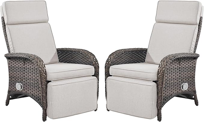 Belord Versatile Outdoor Recliner Chair - Reclining Patio Chair Set of 2 with Adjustable Backrest and Footrest, All-Weather Wicker Chaise Lounge Chair Outdoor for Pool Deck Brown
