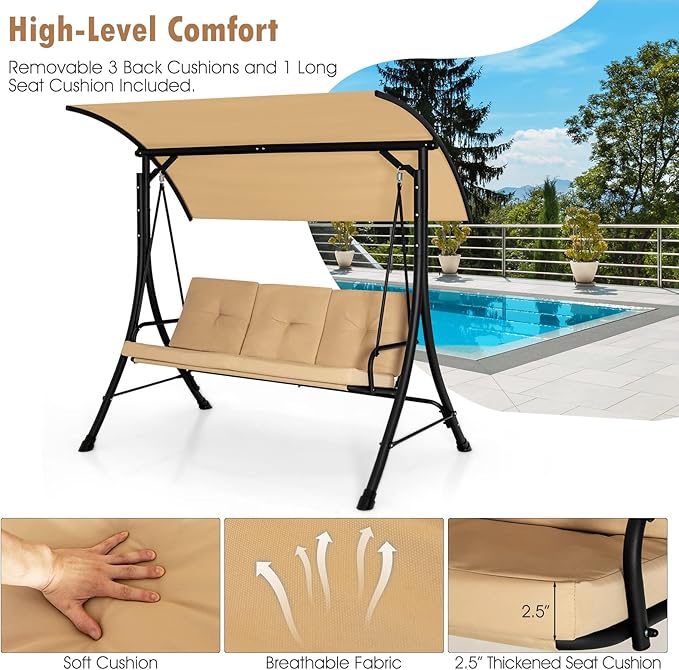 Tangkula 3 Person Porch Swing, Outdoor Swing with Removable Cushions, Solid Steel Structure, Patio Swing with Adjustable Canopy for Garden, Backyard, Balcony, Poolside Beige