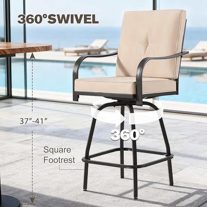 Outdoor Swivel Bar Stools Set of 2,Bar Height Patio Chairs with Cushions and High Backrest, All Weather Patio Bar Stools Furniture for Bistro Lawn, Pool, Garden and Backyard,Light Brown