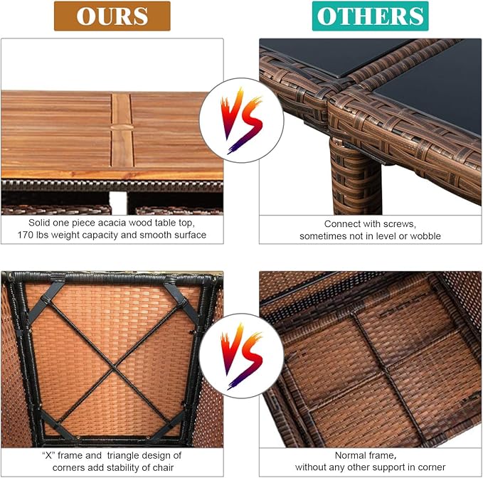Tangkula 9 Pieces Acacia Wood Patio Dining Set, Space Saving Wicker Chairs and Wood Table with Umbrella Hole Outdoor Furniture Set, Suitable for Garden, Yard, Poolside, Outdoor Seating Set