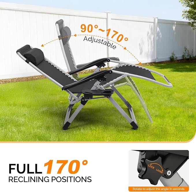 VINGLI 29" Padded Zero Gravity Chair, Lounge Chair with Removable Cushion & Tray， Folding Reclining Patio Chairs， Recliner Chair for Lawn，Indoor Outdoor-Blue