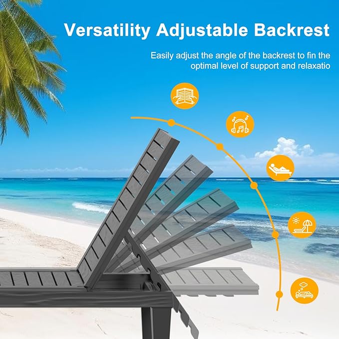 ROJIK Outdoor Chaise Lounge Chair with 5-Position Adjustable Backrest,Waterproof & Lightweight | Durable Indoor/Outdoor Patio Lounger Chair for Garden Pool Beach(Single, Black)