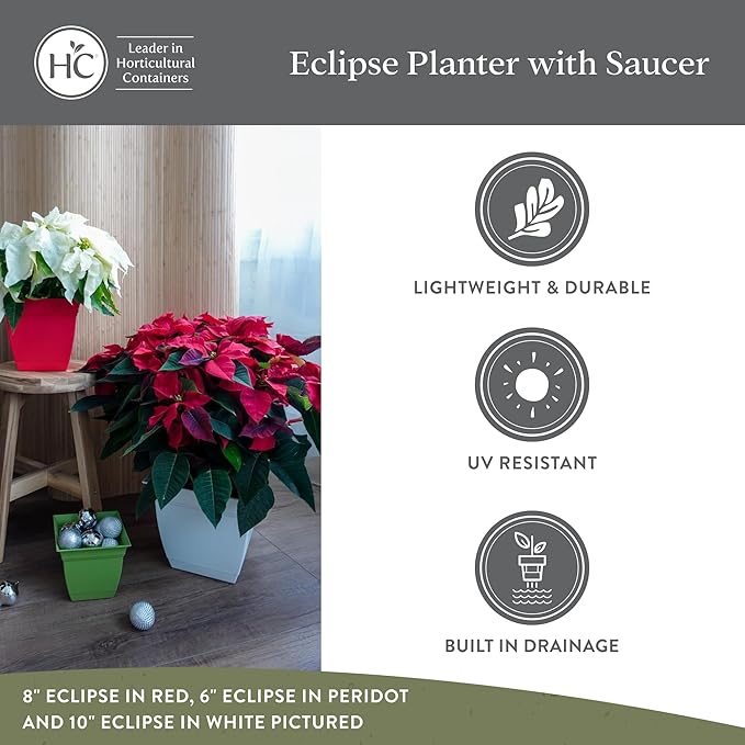 The HC Companies 12 Inch Eclipse Square Planter Pots with Drainage Holes & Attached Saucer, Lightweight UV-Resistant Plastic Indoor Outdoor Planters, 2-Pack Flower Pots for Garden & Home Decor, Teal