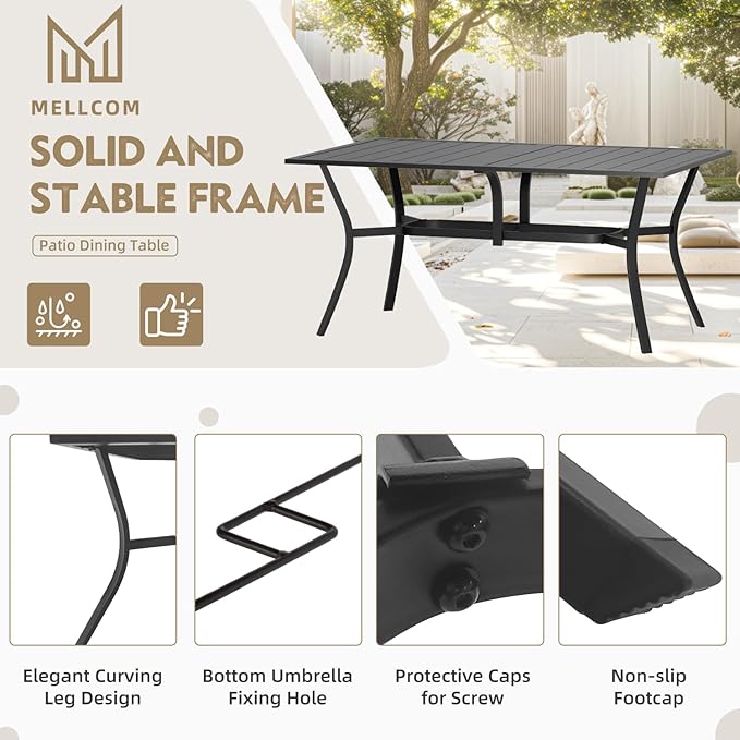 MELLCOM 7 Pieces Outdoor Dining Set, 6 Swivel Rocker Chairs with High Back Textilene & Rectangular Metal Dining Table with Umbrella Hole, Patio Furniture Set for Porch, Garden, Backyard, Blue