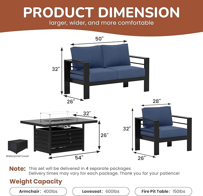 Solaste Aluminum Patio Furniture Set with Fire Pit Table, 4 Piece Metal Outdoor Furniture with Water-Resistant Cushions, Modern Patio Conversation Set for Balcony, Front Porch, and Backyard,Blue