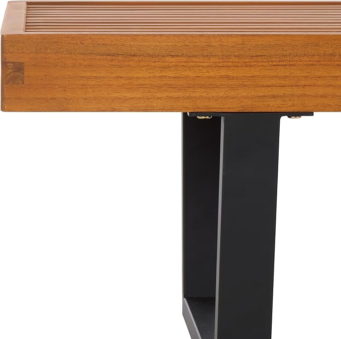 SAFAVIEH Outdoor Patio Furniture Heather Natural Brown Solid Wood & Black Legs 60-inch Steel Bench