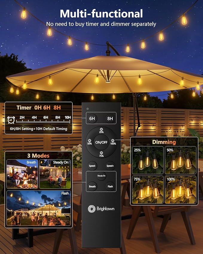 Brightown 76FT Solar String Lights Outdoor Waterproof with Remote, 23+1 LED Shatterproof Bulbs, Dimmable & Timable, 3 Light Modes - Commercial Grade Patio Lights for Garden Backyard Party Decor