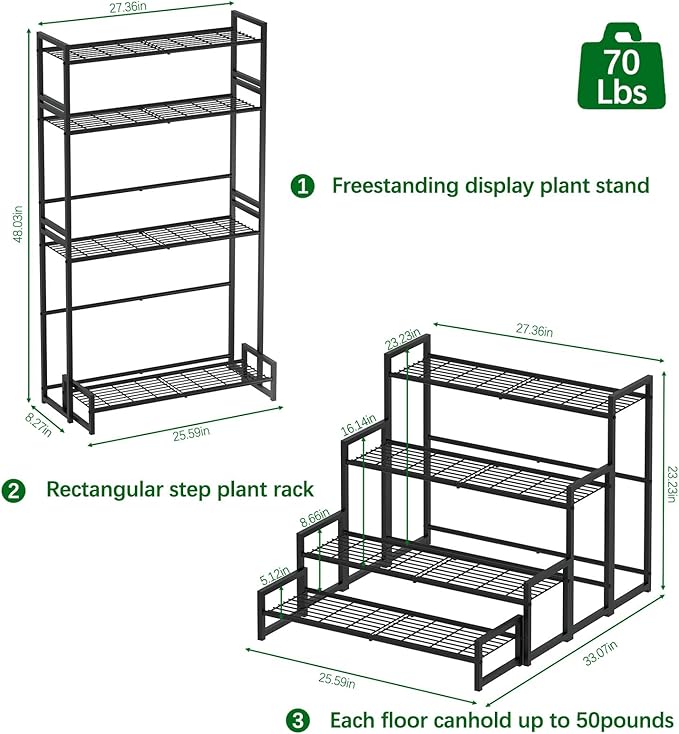 Garden 4 you 4 Tier Stair Style Large Metal Plant Stand Stackable, Garden Display Shelf Flower Pot Holder Storage Organizer Rack for Indoor Home Outdoor Patio Balcony Yard( Black,Rectangle)