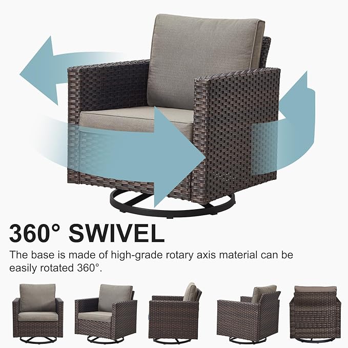 Belord Patio Conversation Set with Swivel Glider Chairs - 9 Piece Outdoor Sectional Furniture Set with Storage Box and Metal Top Table Brown Wicker/Gray Cushions