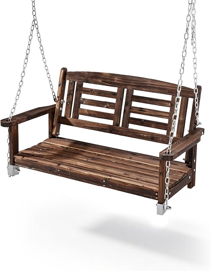 Outvita Wooden Porch Swing, Outdoor Patio Swing, 44" Swing Bench with Hanging Chains and Reclined Backrest for Deck, Garden,Yard, Balcony, Room 600 lbs Capacity Fir Wood (Carbonized Color)