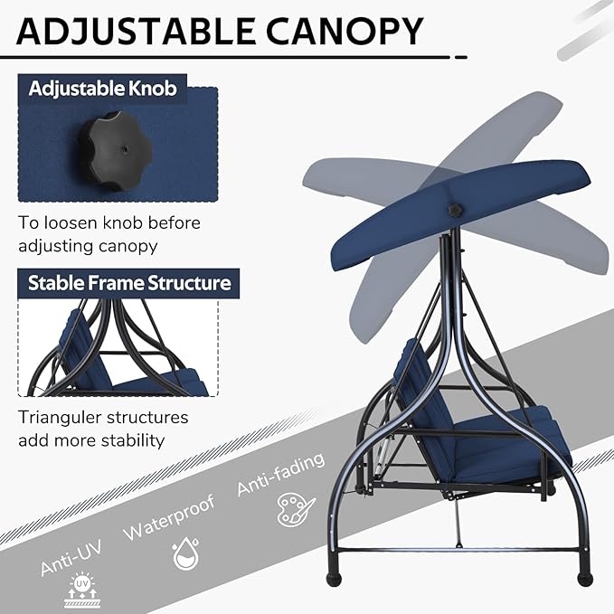 U-MAX Porch Swing Chair with Adjustable Backrest&Canopy, 3 Seat Patio Swing with Canopy 2-in-1 Convertible Outdoor Swing with Canopy Patio Daybed with Removable Blue Cushions for Adults