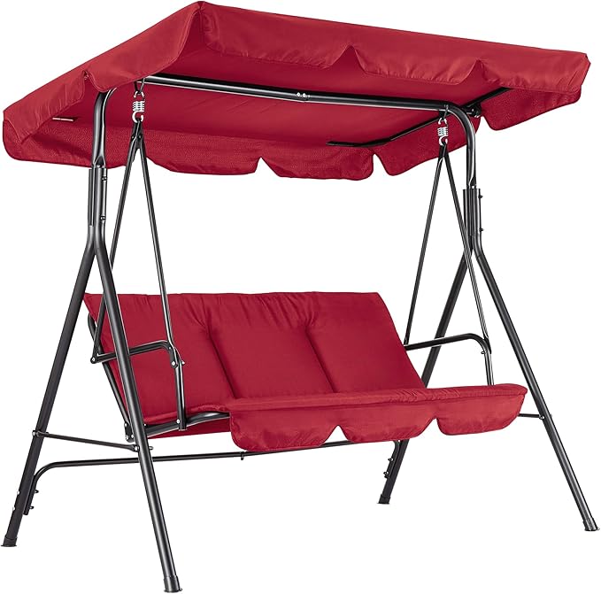 Porch Swing Chair with Adjustable Canopy for Adults 3-Seat Patio Glider Bench with Thick Cushions Steel Frame Outdoor Swing Chair for Backyard Lawn Garden Red