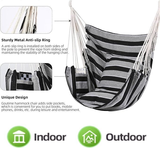 Goutime Hammock Chair, Boho Hanging Rope Ceiling Swing, Macrame Hanging Swinging Chair for Indoor,Outdoor,Bedroom,Outside,Garden,Balcony,Yard,Deck,Max 330 Lbs (Gray Stripe)