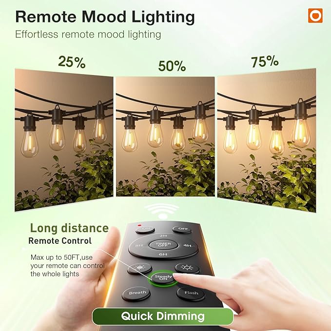 addlon 150FT LED Outdoor String Lights with Remote Dimmable Patio Lights with Timer & 3 Lighting Modes, 48 Shatterproof Edison Bulbs, Waterproof Shatterproof Hanging for Outside Backyard Porch Party