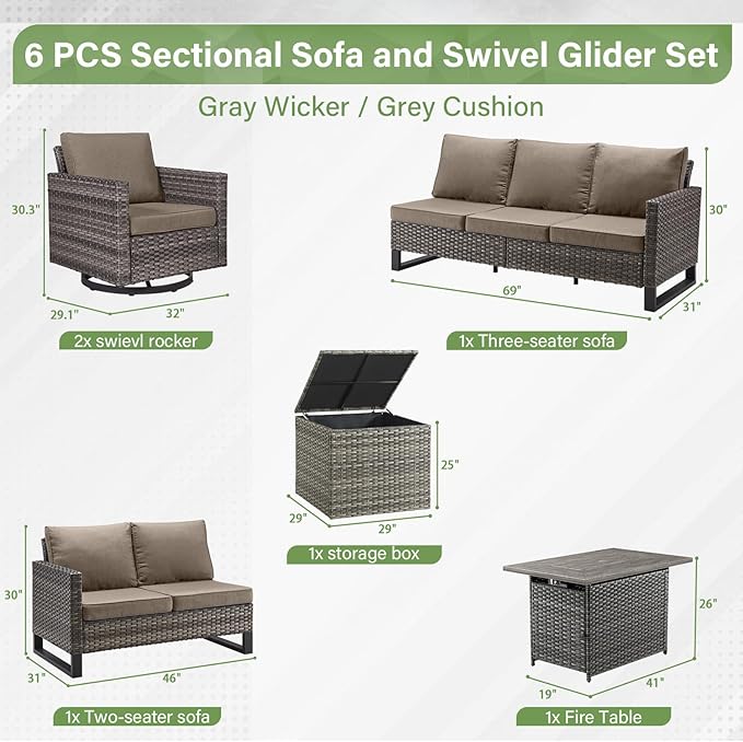 Belord 6-Piece Outdoor Sectional Furniture Set with 41” Fire Pit Table, 5-Seater Patio Furniture Set with Swivel Glider Chairs & Storage Box, 50000 BTU Propane Fire Pit Table, All-Weather PE Wicker