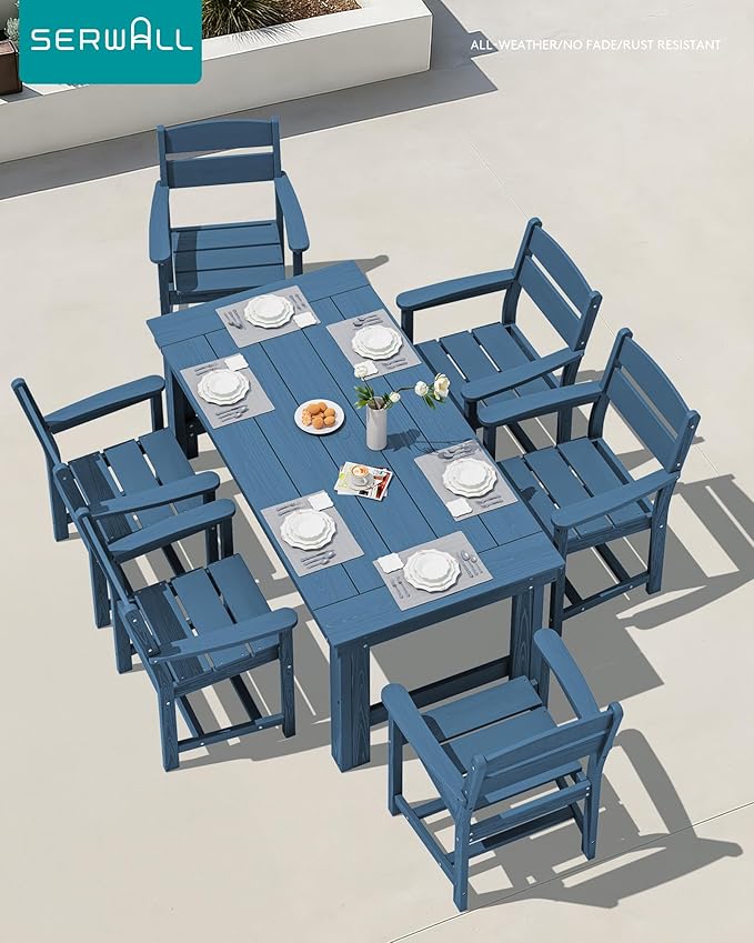 SERWALL Outdoor Dining Table Set, 67‘’ HDPE Patio Dining Set for 4, All-Weather Outdoor Table and Chairs Set for Deck, Blue