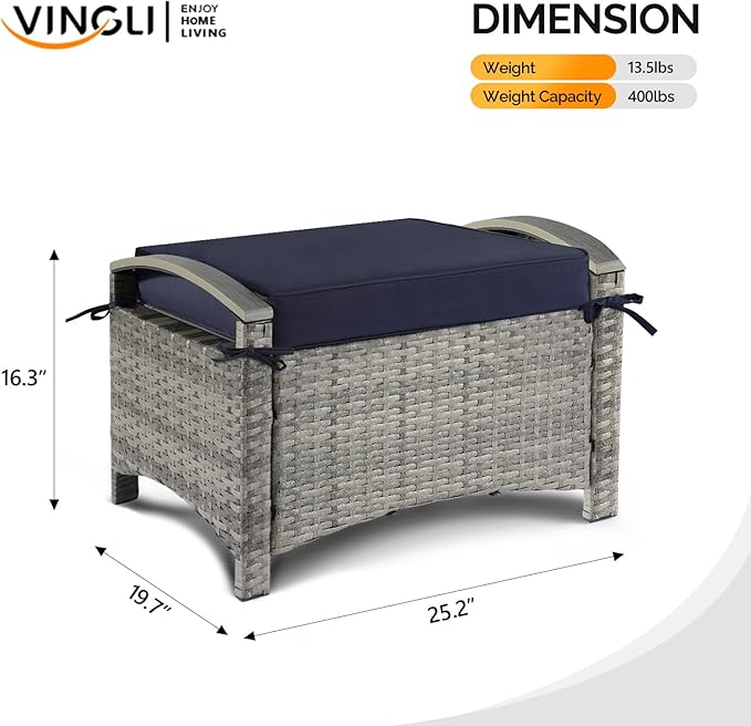 VINGLI Wicker Outdoor Ottoman Set of 2, All Weather PE Rattan Footstool for Patio w/Removable Cushions, Waterproof Rattan Foot Rest for Garden, Balcony, Poolside (Grey)