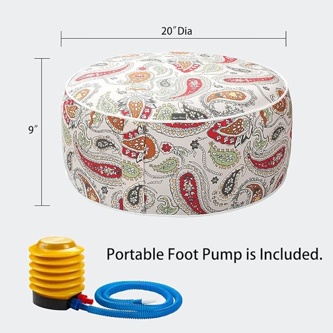 Magpie Fabrics Indoor/Outdoor Inflatable Stool Ottoman Pouf, Water Repellent Round Footrest Footstool with Foot Pump D20 xH9, Portable for Patio Garden Travel Camping or Home, Paisley Red Beige