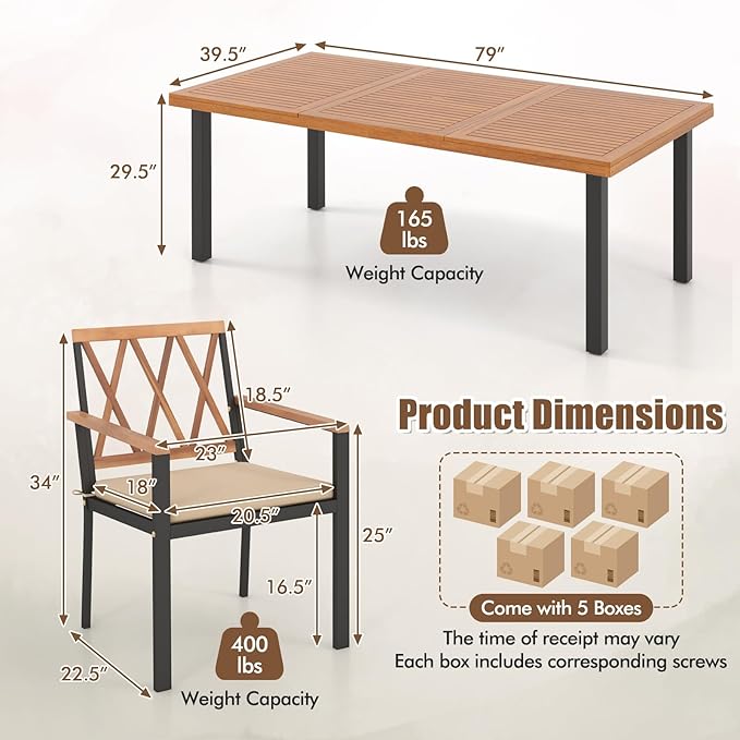 Tangkula 9 Pieces Patio Dining Set, Outdoor Acacia Wood Table and Chairs with Soft Cushions and 1.9” Umbrella Hole, Outdoor Patio Furniture Set for Garden, and Backyard