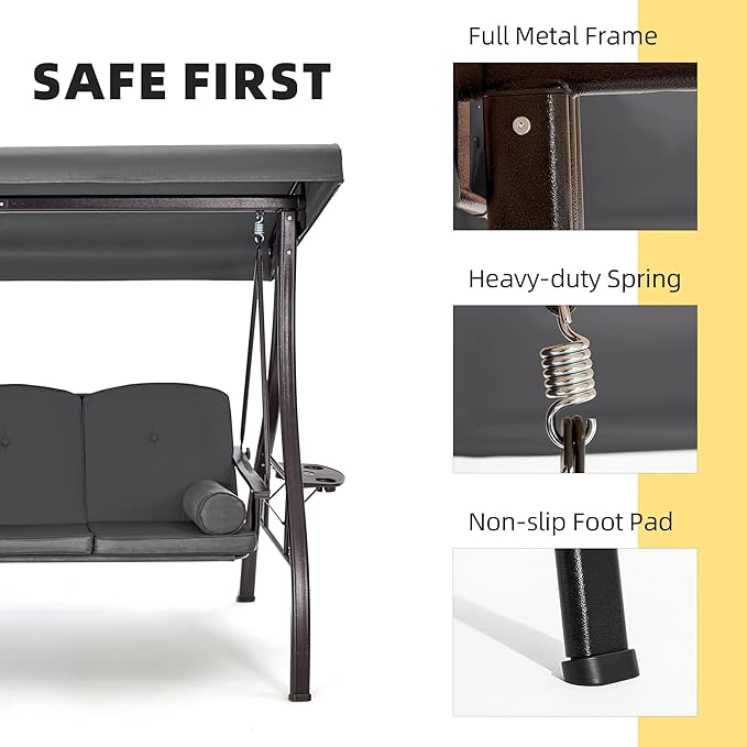 HOMREST 3 Person Outdoor Porch Swing with 1.5" Upgraded Cup Holder, Adjustable Canopy, Backrest, Patio Swing Bed with Weather Resistant Steel Frame, Cushions for Garden,Deck and Poolside(Grey)