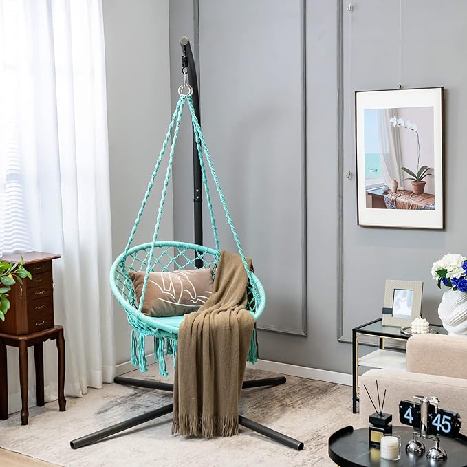 Giantex Hammock Chair Macrame Swing - Hanging with Cushion and Hardware Kit, 330 LBS Weight Capacity, Indoor for Stand, Patio, Balcony, Living Room (Turquoise) (GT10698-NPTU)
