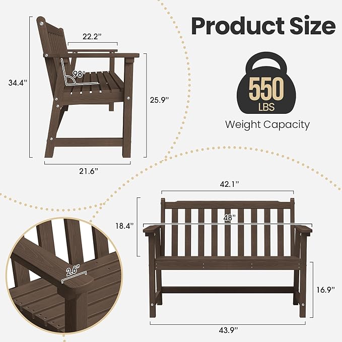 Ciokea 48" Outdoor Bench Set of 2, HDPE Weatherproof Garden Bench, 2-Person Memorial Benches with 550 Lbs, Waterproof Patio Porch Benches for Outside Business Deck Office Backyard Balcony, Brown