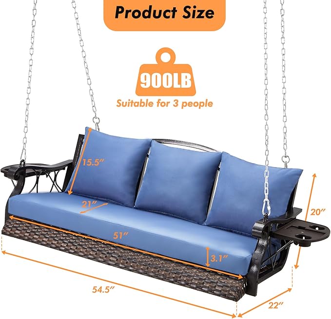 Heavy Duty 900 LBS Porch Swing Chair 3-Person Outdoor Rattan Patio Swing Lounge w/Cup-Holder & Steel Chains Wicker Hanging Bench Porch Swing Cushions for Deck & Backyard & Garden