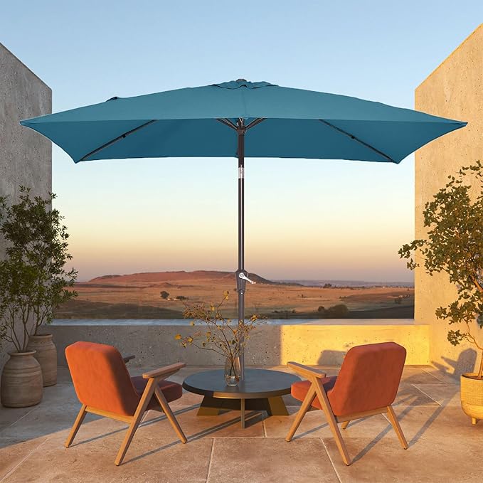 JEAREY 6.5x10 ft Rectangular Patio Umbrellas Rectangle Outdoor Umbrella with Push Button Tilt and Crank, Market Table Umbrella 6 Sturdy Ribs UV Protection for Poolside Garden Backyard Deck, Lake Blue