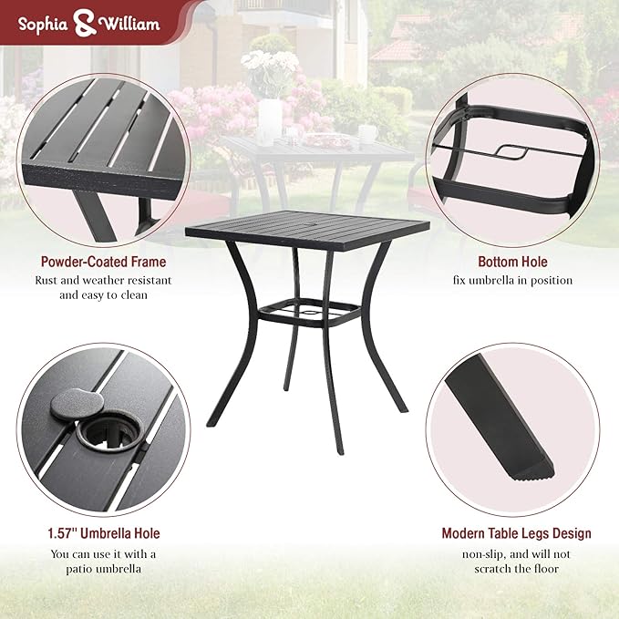Sophia & William Patio Bar Set 3 Pieces Outdoor Bistro Bar Set with 2 Swivel Bar Stools and 1 Square Bar Height Table, All-Weather Metal Furniture with 1.57" Umbrella Hole and Beige Cushion