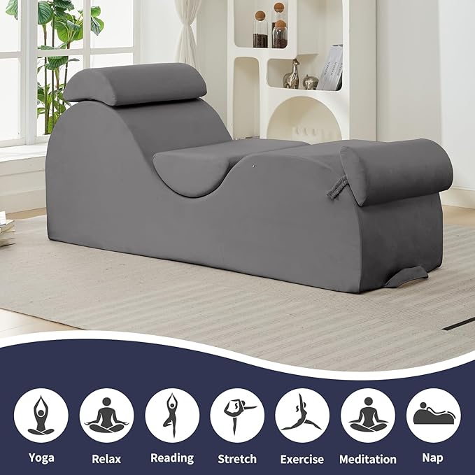 ijuicy Chaise Lounge Chair for Exercise, Indoor Lounger with Headrest, Waist Cushion, Movable Footrest, Side Pockets, Non-Slip Bottom - Yoga Chair with High Density Sponge, Light Grey