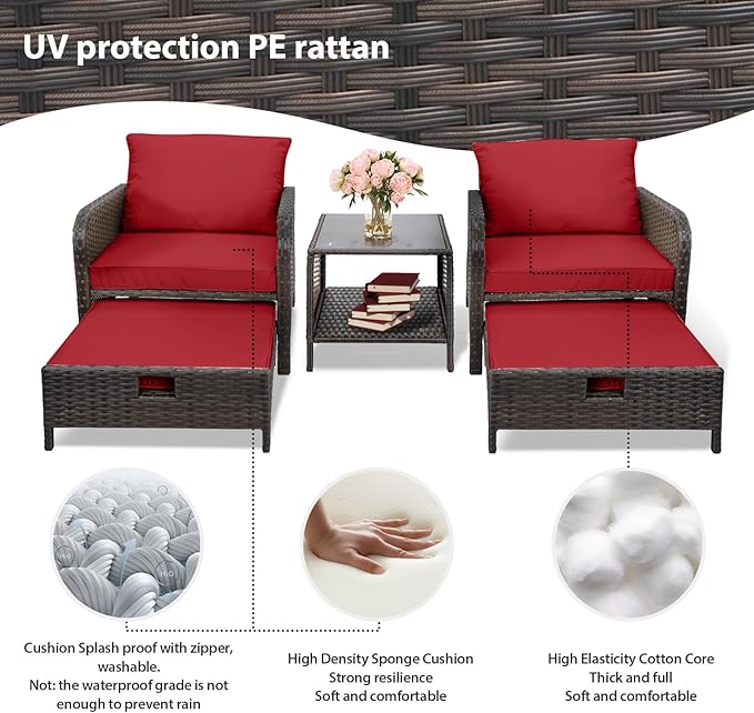 LEVELEVE Balcony Furniture 5 Piece Patio Conversation Set, PE Wicker Rattan Outdoor Lounge Chairs with Soft Cushions 2 Ottoman&Glass Table for Porch, Lawn-Brown Wicker（Wine Red