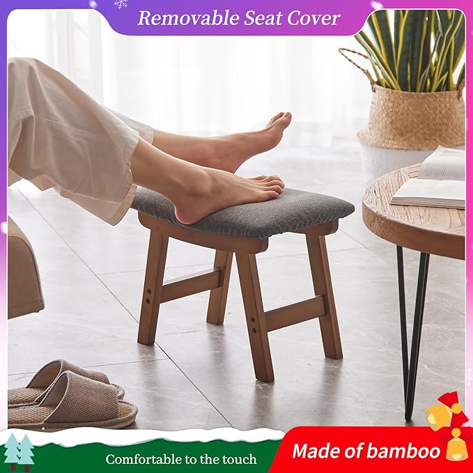 Foot Stool,Ottoman,Bamboo Small Sofa Foot Rest Under Desk,Extra Seating for Living Room, Bedroom and Kitchen (Brown Stool Legs - Gray Surface)