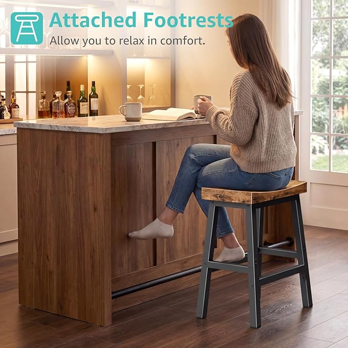 Rustic Bar Stools, 24 Inch Barstools, Counter Height Stools with Footrest, Wooden Stool for Kitchen Island, Heavy Duty Backless Chair for Dining Table Farmhouse Outdoor 1 PC