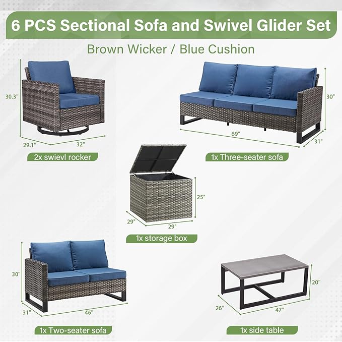 Belord Family Reunion Patio Conversation Set - 6 Piece Outdoor Sectional Furniture Set with Storage Box and Wicker Swivel Glider Chair Set of 2,Removable Blue Cushions for Deck Backyard Sunroom